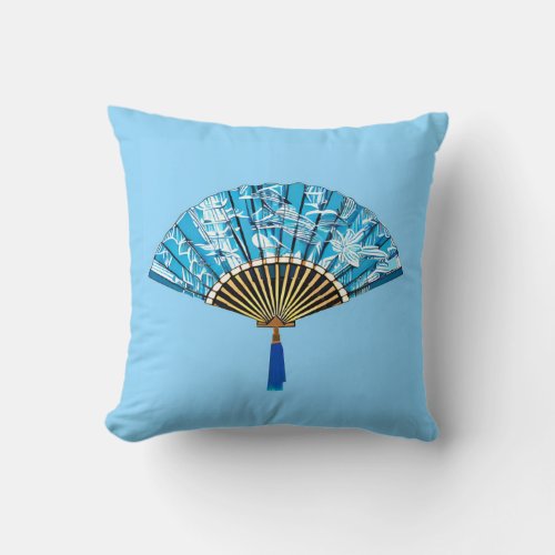 Japanese Fan in Turquoise Blue and White Throw Pillow