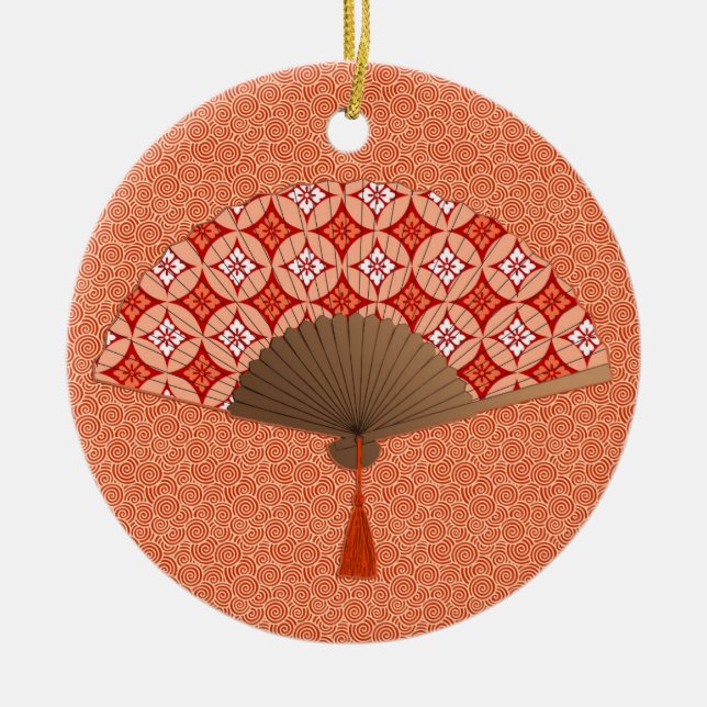 Japanese Fan, Shippo Motif, Mandarin Orange Ceramic Ornament (Front)