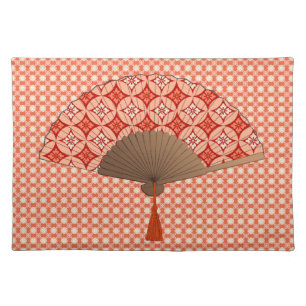 Japanese Fan, Shippo Motif, Mandarin Orange Cloth Placemat