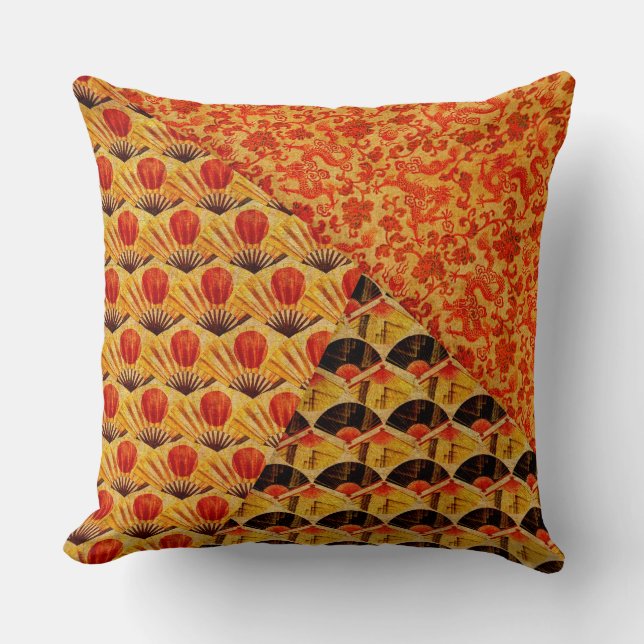 Japanese Fans and Dragons Pattern Large Throw Pillow (Front)
