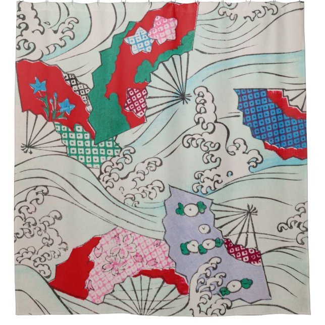 Japanese Fans on Waves Vintage Pattern Shower Curtain (Front)