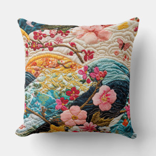Japanese Faux Quilted Kimono Patchwork Throw Pillow