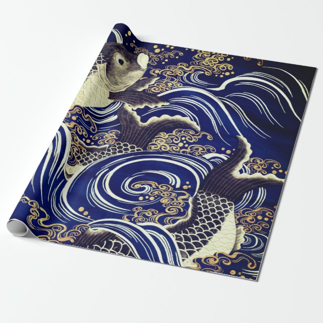 JAPANESE FISH IN SWIRLING WAVES Wrapping Paper (Unrolled)