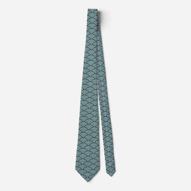 Japanese Fish Scale Pattern - Dark Green on White Neck Tie (Front)