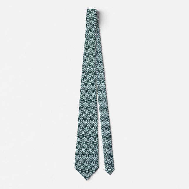 Japanese Fish Scale Pattern - Dark Green on White Neck Tie (Front)