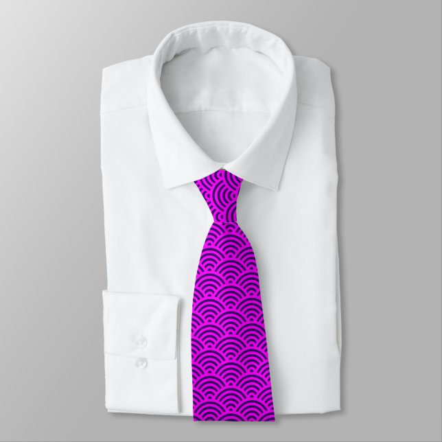 Japanese Fish Scale Pattern - Magenta on Purple Neck Tie (Tied)