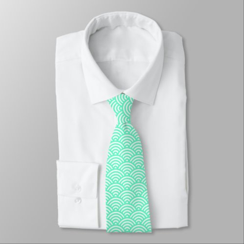 Japanese Fish Scale Pattern _ Turquoise on White Neck Tie