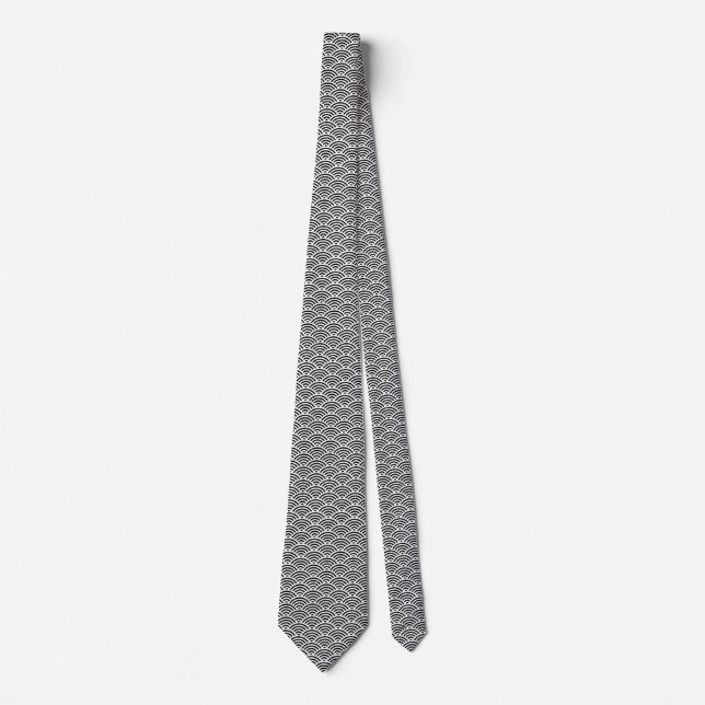 Japanese Fish Scale Pattern - White on Black Neck Tie (Front)