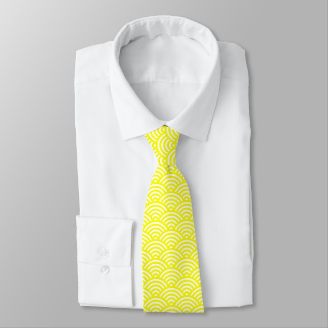 Japanese Fish Scale Pattern - Yellow on White Neck Tie (Tied)