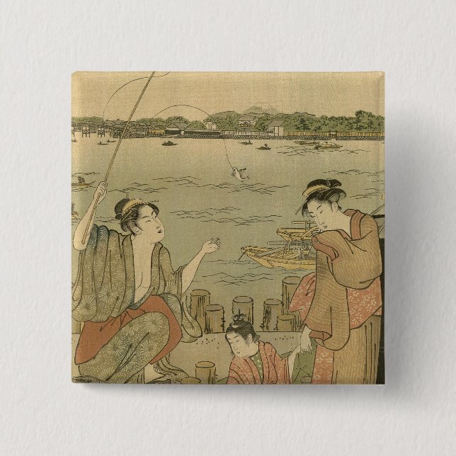 Japanese Fishing Woodblock Fishermen Button (Front)