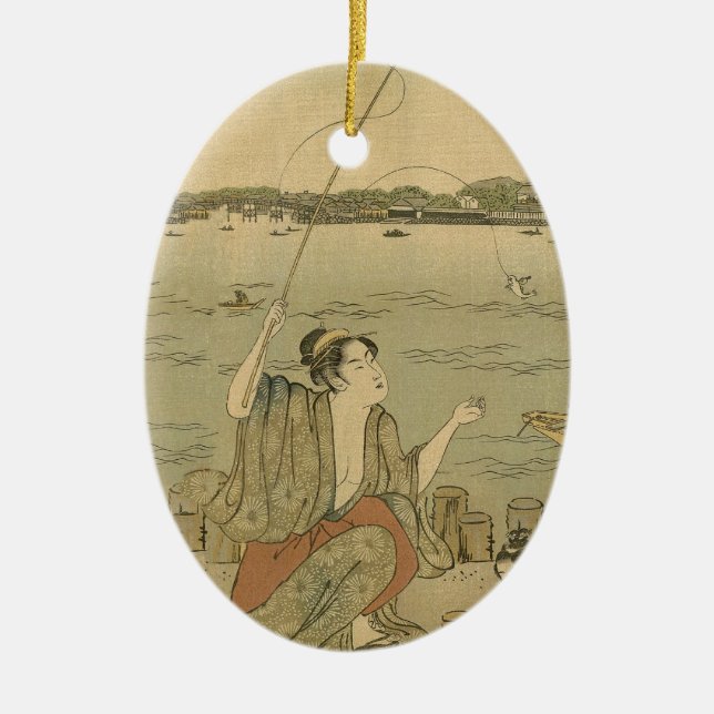 Japanese Fishing Woodblock Fishermen Ceramic Ornament (Front)