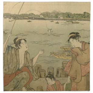 Japanese Fishing Woodblock Fishermen Cloth Napkin