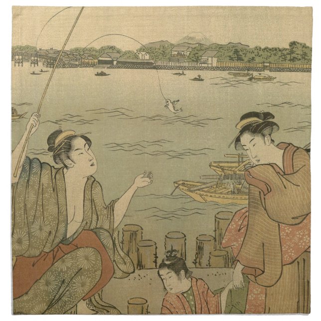 Japanese Fishing Woodblock Fishermen Cloth Napkin (Front)