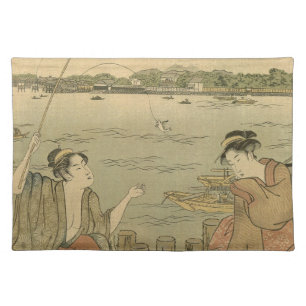 Japanese Fishing Woodblock Fishermen Cloth Placemat