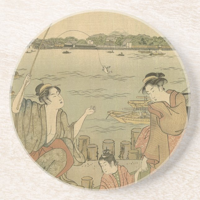 Japanese Fishing Woodblock Fishermen Drink Coaster (Front)