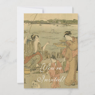 Japanese Fishing Woodblock Fishermen Invitation