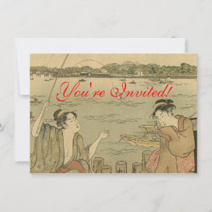 Japanese Fishing Woodblock Fishermen Invitation