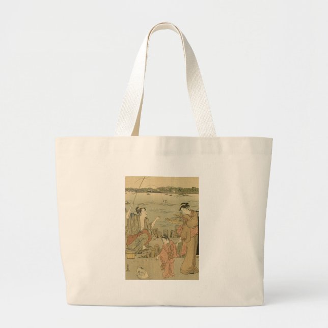Japanese Fishing Woodblock Fishermen Large Tote Bag (Front)