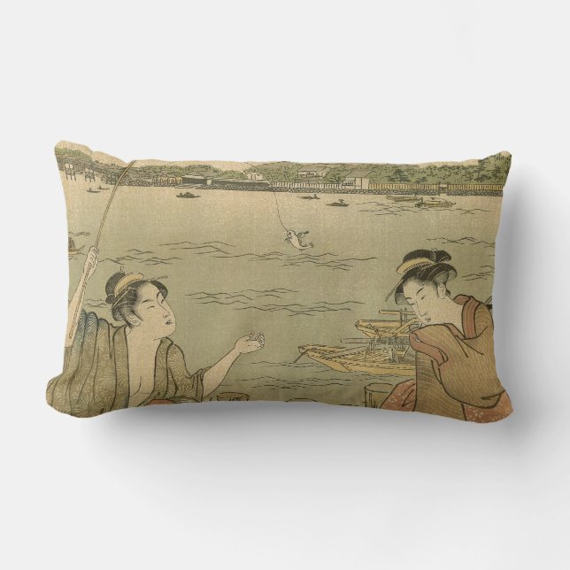 Japanese Fishing Woodblock Fishermen Lumbar Pillow (Front)