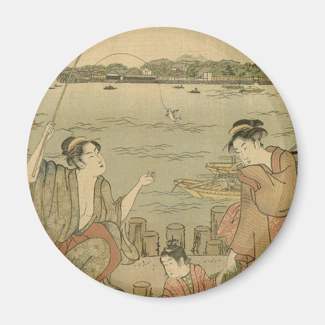 Japanese Fishing Woodblock Fishermen Magnet (Front)