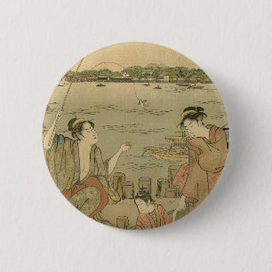 Japanese Fishing Woodblock Fishermen Pinback Button