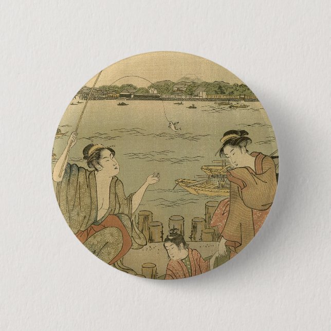 Japanese Fishing Woodblock Fishermen Pinback Button (Front)
