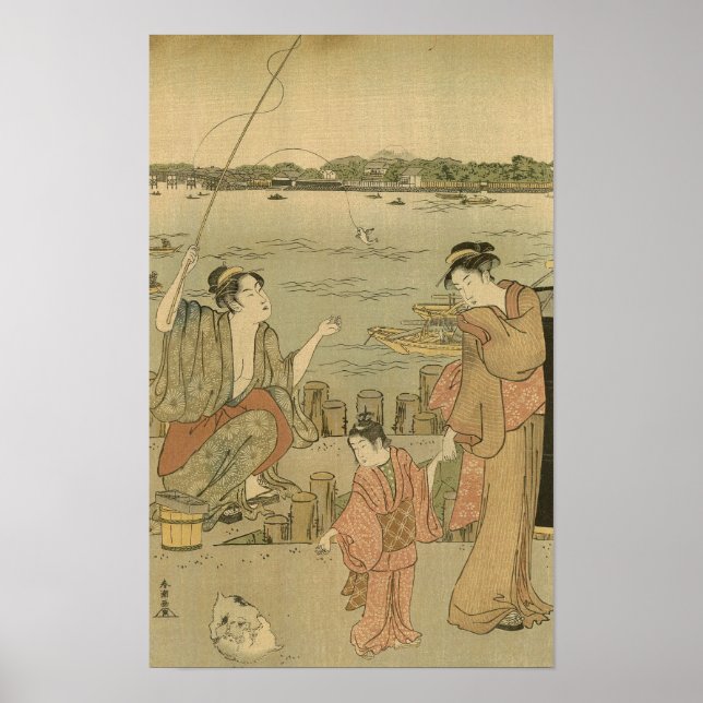 Japanese Fishing Woodblock Fishermen Poster (Front)