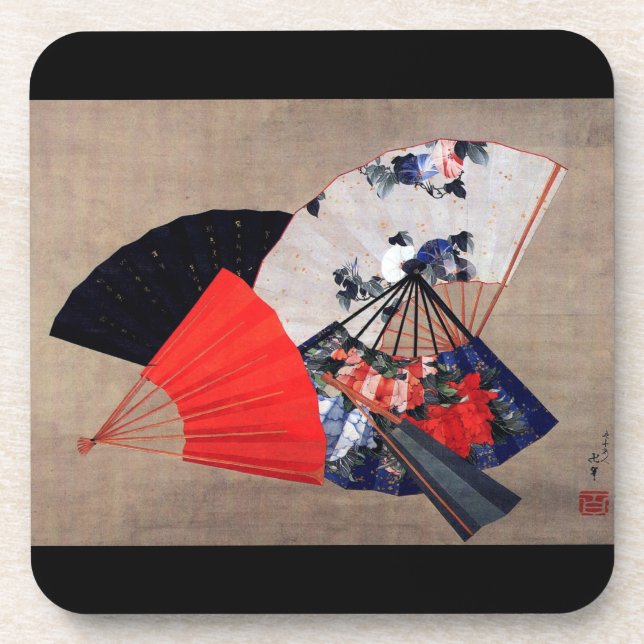 Japanese Five Fans, Hokusai, Ukiyoe Drink Coaster (Front)