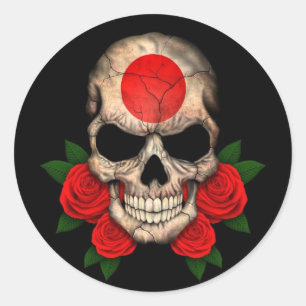 Japanese Flag Skull with Red Roses Classic Round Sticker