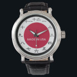 Japanese Flag Wrist Watch<br><div class="desc">It's a very simple design. The characters around the edge are numbers written in Japanese kanji. The Japanese flag is the backdrop, with a pop of bright red. I've added a wee "Made in the USA". : ) You can keep it, change it or delete it.</div>