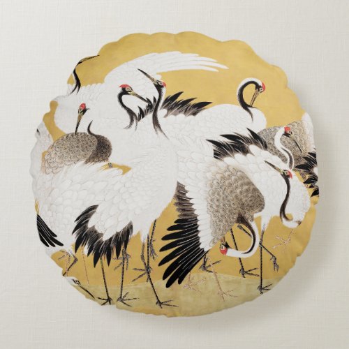 Japanese Flock Cranes Vintage Bird Rich Classic Round Pillow