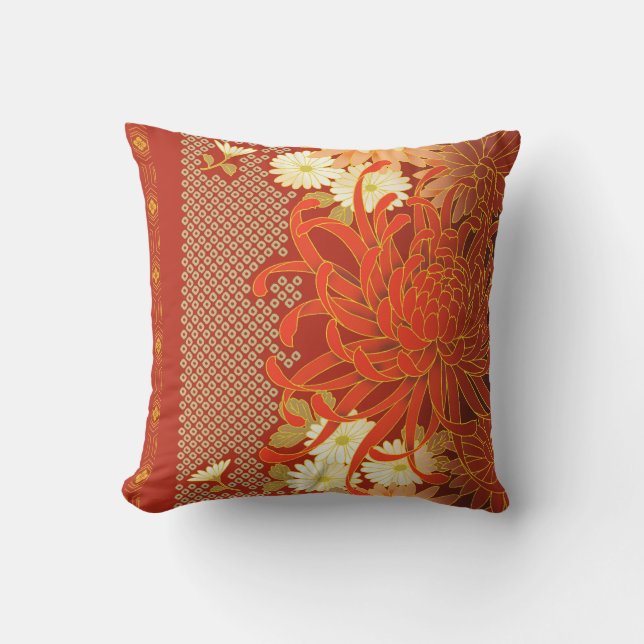 Japanese Floral Art Mums Red White Green Throw Pillow (Front)