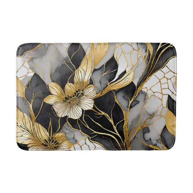 Japanese Floral Black Gold Bath Mat (Front)