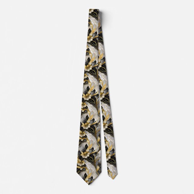 Japanese Floral Black Gold Neck Tie (Front)