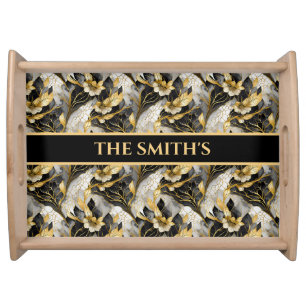 Japanese Floral Black Gold Serving Tray