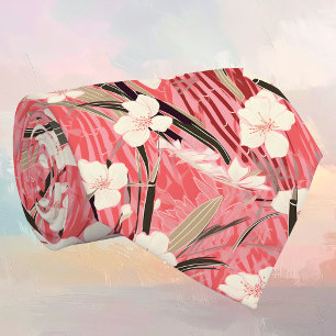 Japanese Floral Blossoms in White on Pink Burgundy Neck Tie