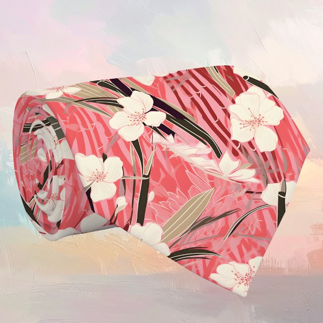 Japanese Floral Blossoms in White on Pink Burgundy Neck Tie (Creator Uploaded)