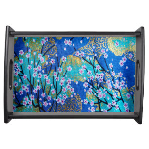 Japanese Floral Cherry Blossom Gold Blue Serving Tray
