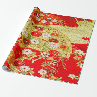 Japanese Floral Cherry Blossom Red Gold Decoupage Wrapping Paper