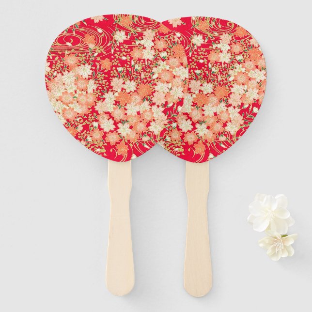 Japanese Floral Cherry Blossom Red Gold  Hand Fan (Front and Back)