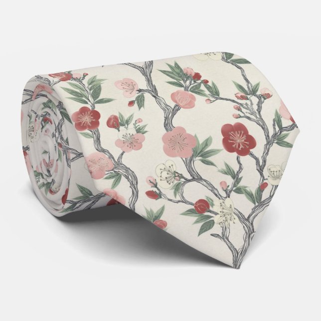 Japanese Floral Garden Pattern Neck Tie (Rolled)