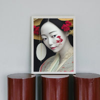 Japanese Floral Geisha Red Gold Fantasy Art Poster
