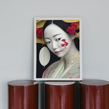 Japanese Floral Geisha Red Gold Fantasy Art Poster by stineshop at Zazzle