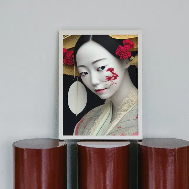Japanese Floral Geisha Red Gold Fantasy Art Poster | Zazzle