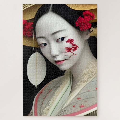 Japanese Floral Geisha Red Gold Fantasy Art Poster Jigsaw Puzzle