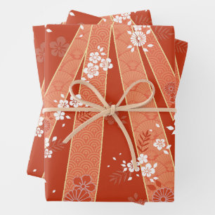 Japanese Floral Kimono Pattern Coral Wrapping Paper Sheets