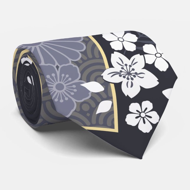 Japanese Floral Kimono Pattern Denim Neck Tie (Rolled)