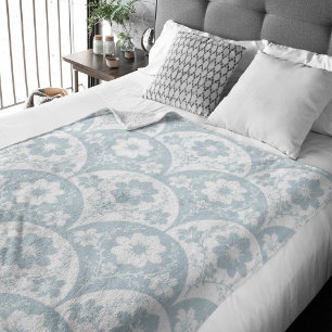 Japanese Floral Pattern in Soft Blue and White Fleece Blanket