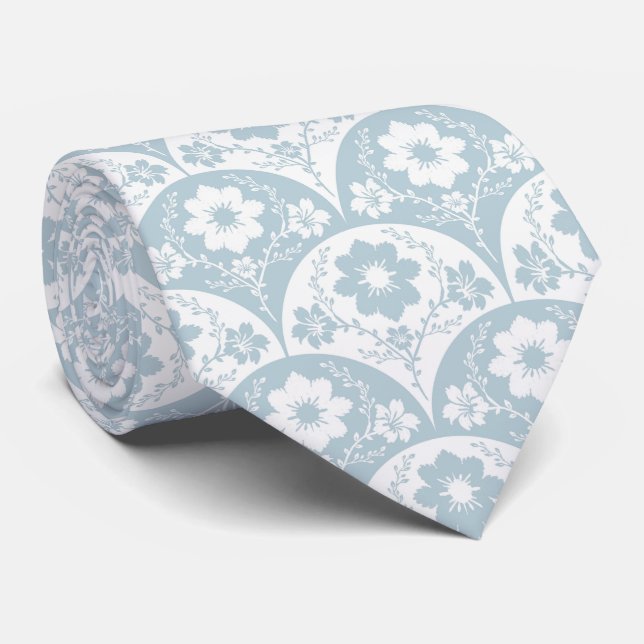 Japanese Floral Pattern in Soft Blue and White Neck Tie (Rolled)