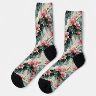 Japanese Floral Pink Gold Socks